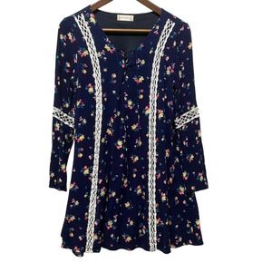 Altard State Women Tunic Dress Top S Navy Floral Boho Lace Trim Whimsigoth Fairy